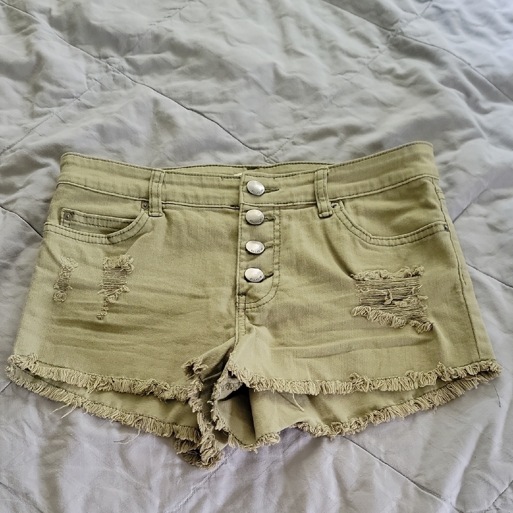 Billabong Green Button-Up Women's Shorts With Destruction Detail